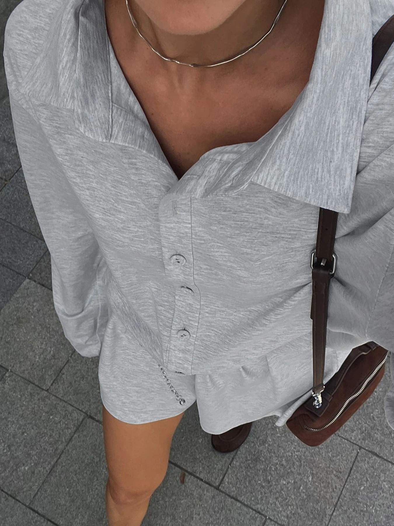 Weekeep Streetwear Gray Loose Rompers Fashion Button Up Full Sleeve Women Playsuits y2k Aesthetic Ladies Solid Outfits Harajuku 250603