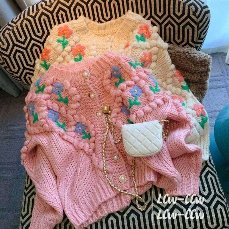 Hikigawa Autumn Winter Japanese Sweet Sweaters Korean Flower Knit O Neck Long Sleeve Jumpers Vintage Elegant Chic Sueter Mujer