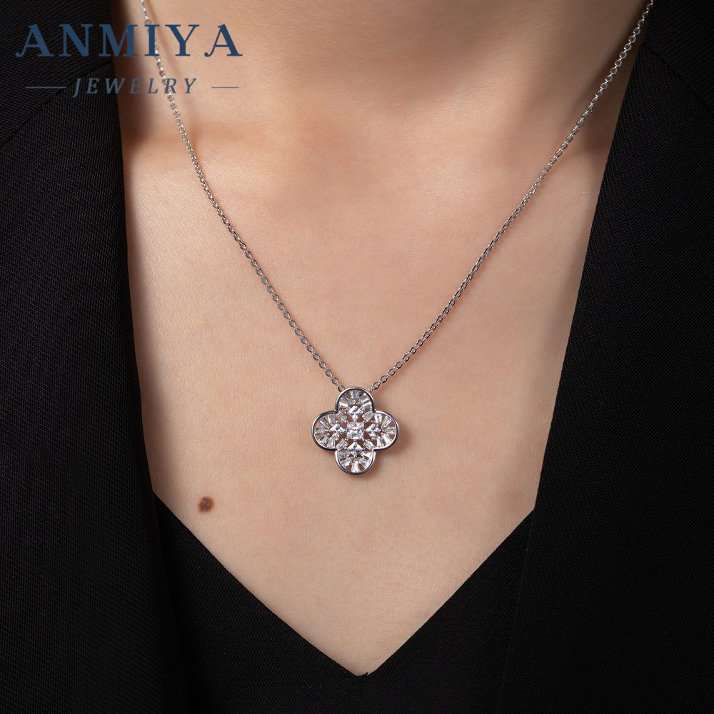 High End Rhodium Plated Zirconium Four Leaf Clover Set S925 Sterling Silver Necklace Earrings Set Jewelry