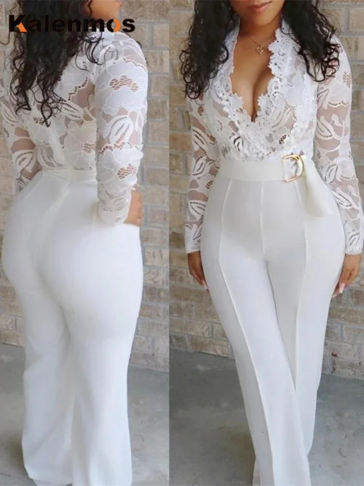 In Jumpsuit Women White Overalls Party Lace Rompers Bodysuit One Piece Long Sleeve V-neck Long Pants Y2k Elegant Spring Work 250603