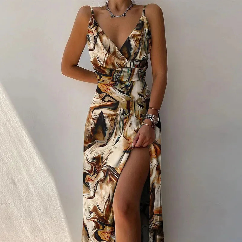 Womens Long Slit Dress V-neck Suspender Slit Print Sexy Backless Summer Style Lady Long Elegant Robe 250529