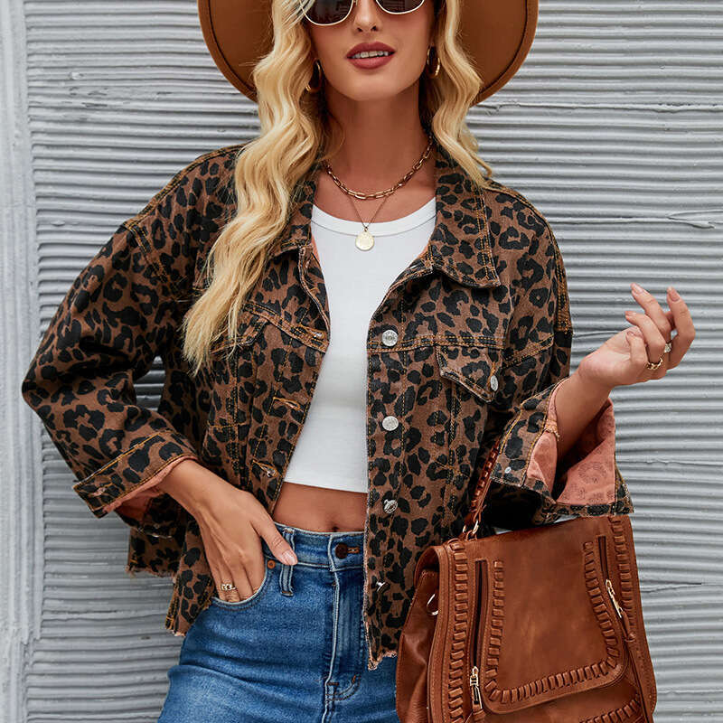 Women's Clothing Autumn Winter New Leopard Print Fashion Casual Denim Short Jacket B5