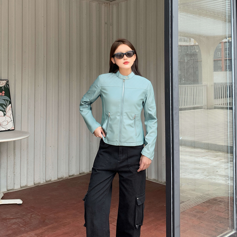 New women's leather jacket short Korean version slim fit sheep leather jacket stand up collar small jacket trendy