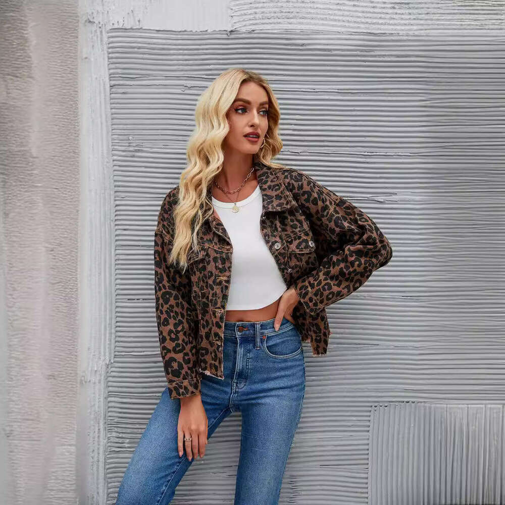 Women's Clothing Autumn Winter New Leopard Print Fashion Casual Denim Short Jacket B5