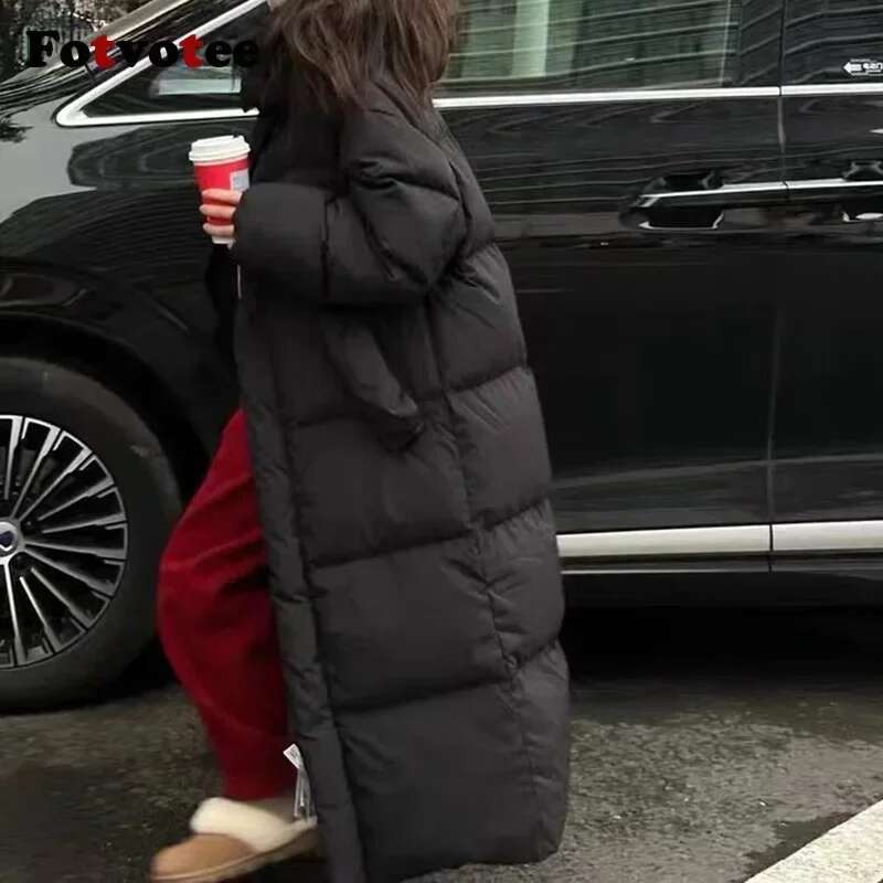 FOTVOTEE Chic Oversized Cotton Parkas Women Solid Thicken Warm Single Breasted Long Coat 2024 Winter New Fashion Lady Streetwear