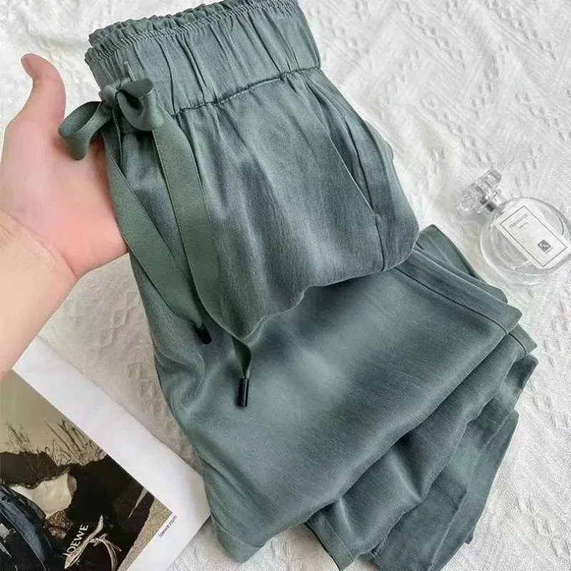 Acetic Acid Ice Silk Wide Leg Pants 2025 Summer Thin Satin Casual Pants Womens High Waisted Straight Leg Pants Long Trouser 250605
