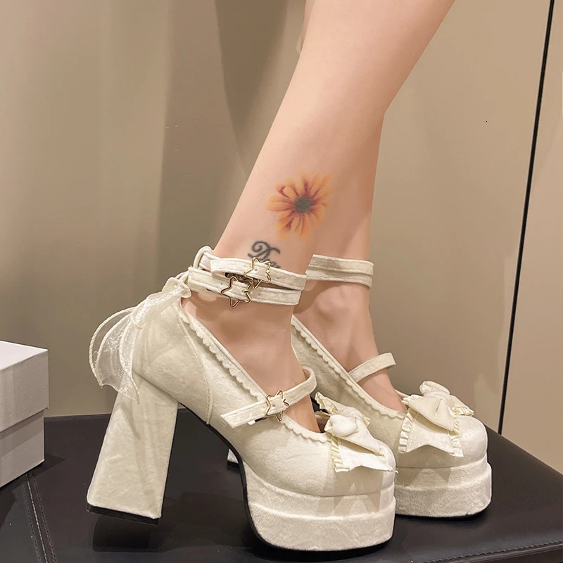 Women Mary Jane High Heeled Shoes Bow Square-toe Sandals Woman Summer Chunky Pumps Women Shoes Buckle Lolita Zapatos 250605