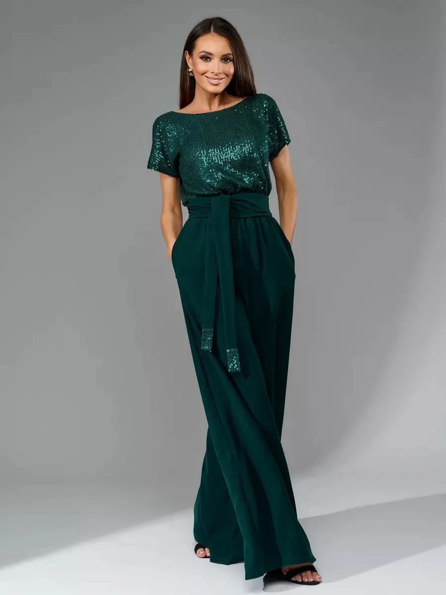 Lady Fashion Sequin Patchwork Commuting Jumpsuit Summer Casual Short Sleeved O Neck Lace Up Slim High Waist Jumpsuit Women 250530