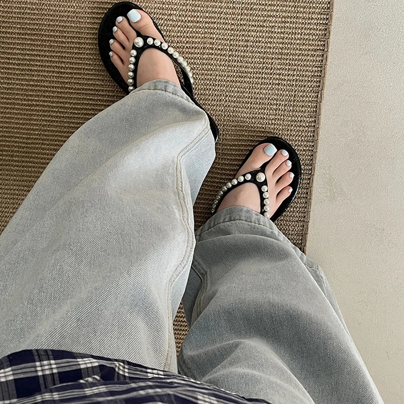 Summer Women Pearl Flip Flop Concise Clip Toe Soft Sole Slide Ladies Comfort Beach Flats Slippers 250603