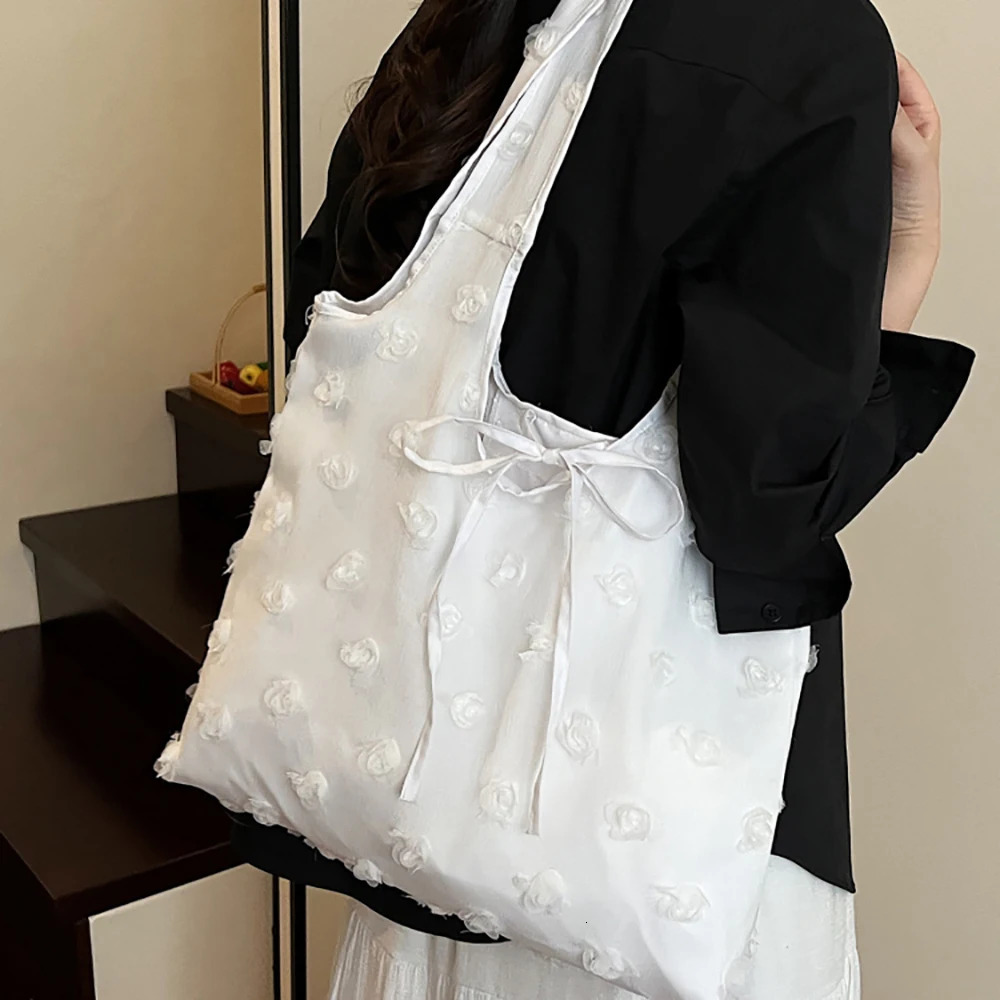 Summer Large Capacity Tote Bag Korean Ins Solid Color String Lace-Up One Shoulder Bags Commute Working Underarm Packs 250605