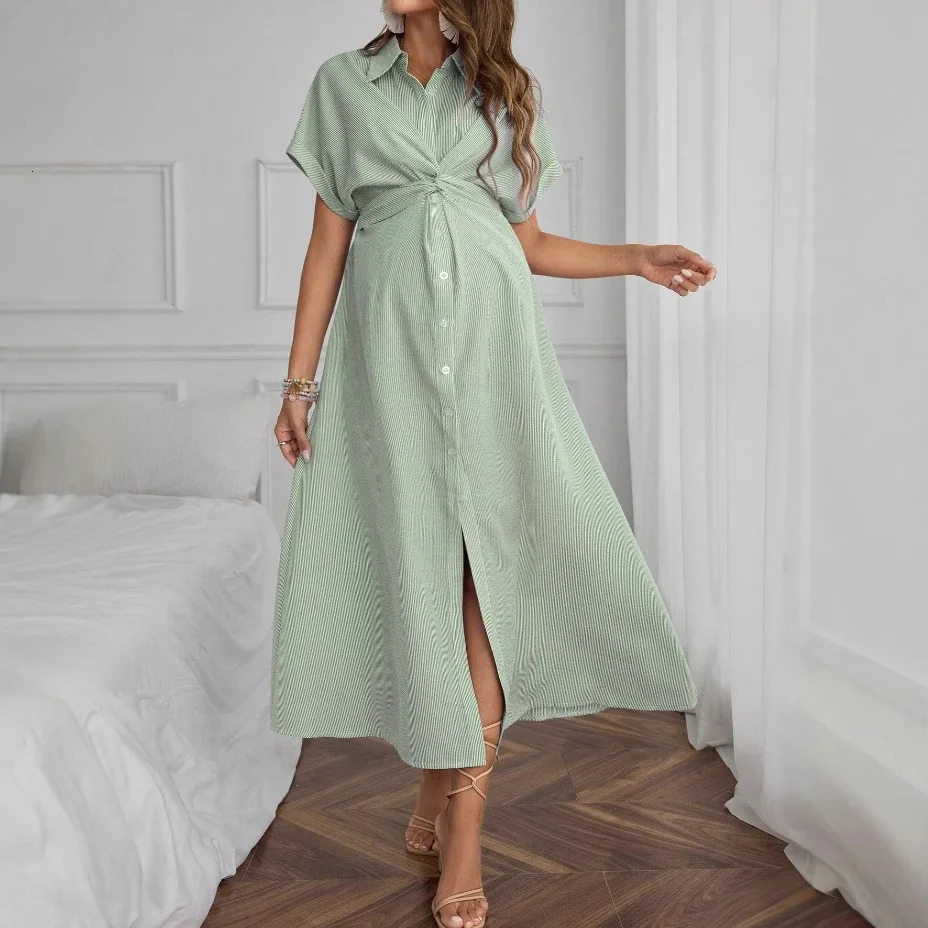 Summer Dress for Pregnant Women Striped Clothing Short-sleeved Button Maternity Dress Fashionable Casual Shirt Pregnancy Clothes 250530