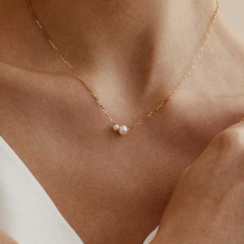 1pc fashionable European and American style stainless steel simple oval white pearl necklace sweet and feminine ins accessory Y250605