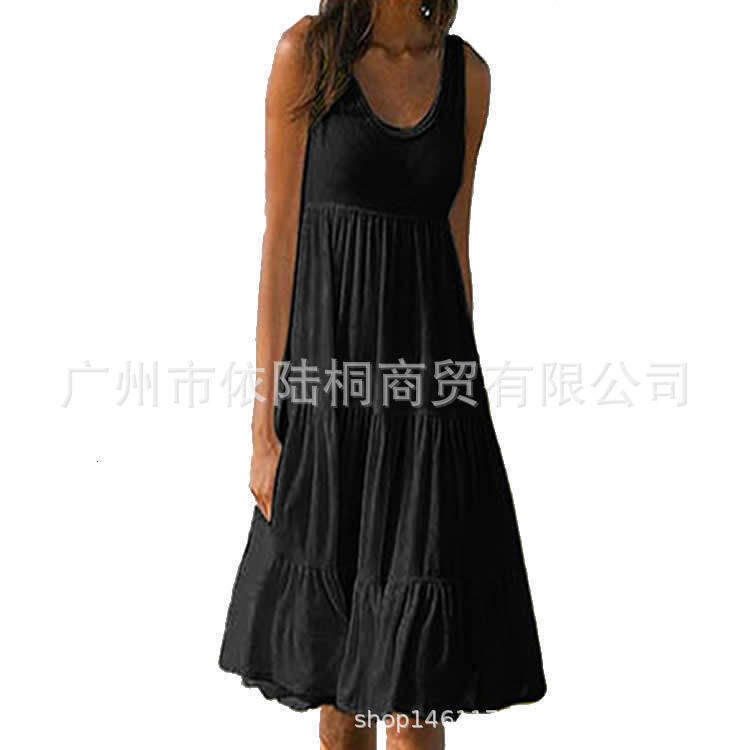New Women's Fashion 7 Colors 8 Sizes Sleeveless Round Neck Patchwork Flared Beach Dress B5