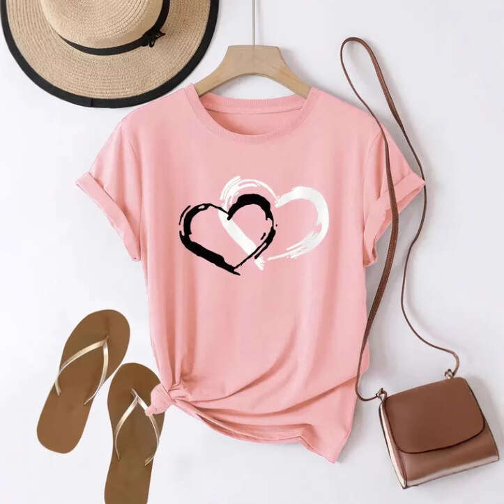 Women's Cotton 200G Short Sleeve Shopee Valentine's Day Heart Round Neck Top B5