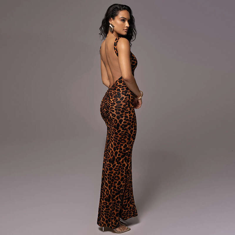 New Women's Round Neck Sleeveless Ruched Slim Fit Bodycon Evening Leopard Print Sexy Backless Long Dress B5