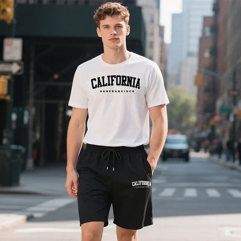 California Fashion T-shirt Shorts 2pcs Set Mens Summer Casual Sports Outfits Urban Fashion Tracksuit O-neck Tees Walking Shorts 250605