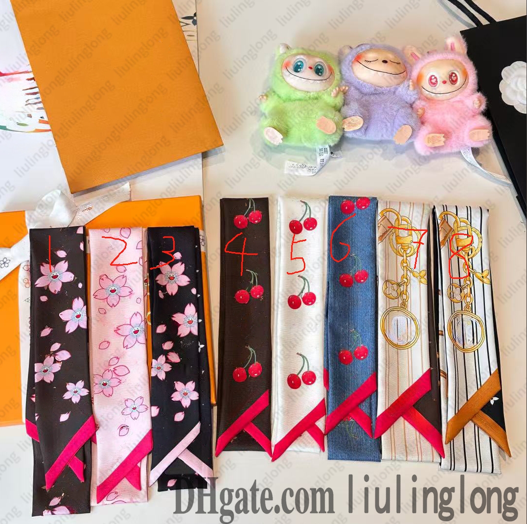 Letters Print Floral Silk Scarf Headband for Women Fashion Long Handle BagScarves Shoulder Tote Luggage Ribbon Head Wraps Cherry Blossom Bandeau BB tm