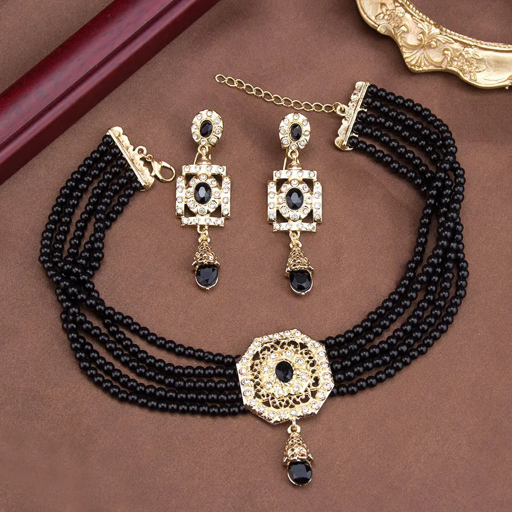 Sunspicems Algeria Beads Choker Necklace String Neck Chain Square Earring For Women Morocco Caftan Jewelry Arabic Bridal Bijoux 250530