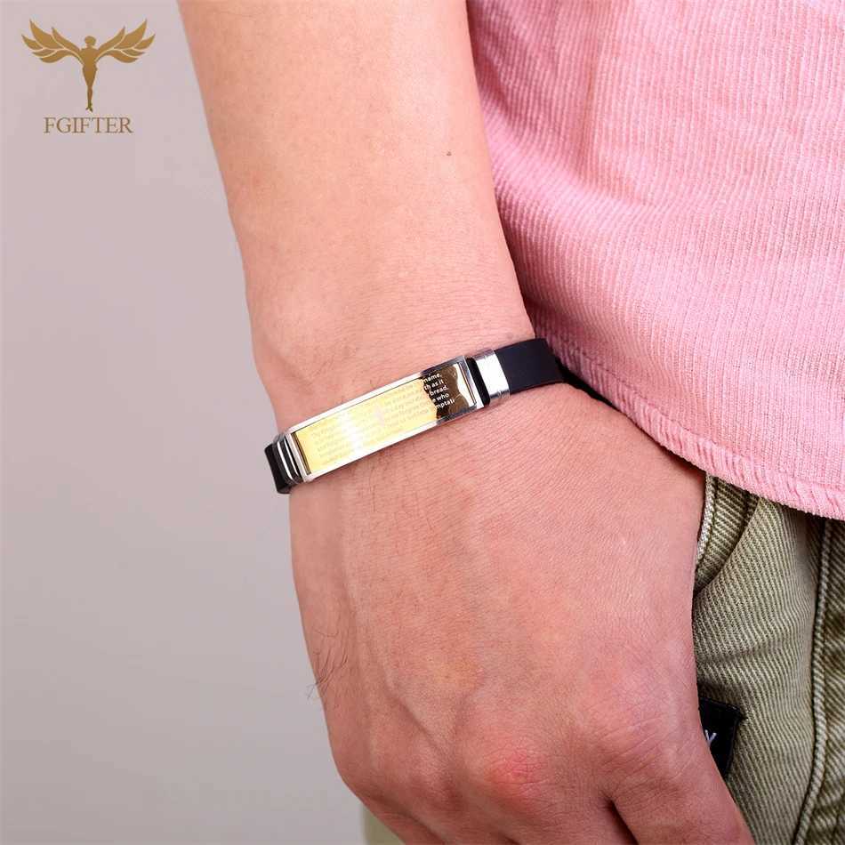 Christian Bible Prayer Text Cross Bracelets Stainless Steel Cuff Bangle Black Silicone Wristband Women Men Couple Jewelry Gifts W250606