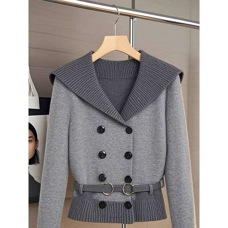 Women's Clothing Temperament Double Breasted Loose Knitted Cardigan Autumn Winter Fashion Thick Turn-down Collar Sweaters