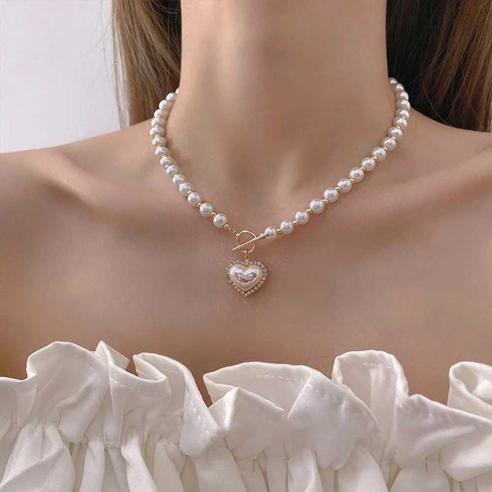 Elegant Pearl Necklace For Women Heart Pendant Necklaces Luxury Imitation Pearls Chain Necklaces Korean Jewelry Girls Gifts Y250605