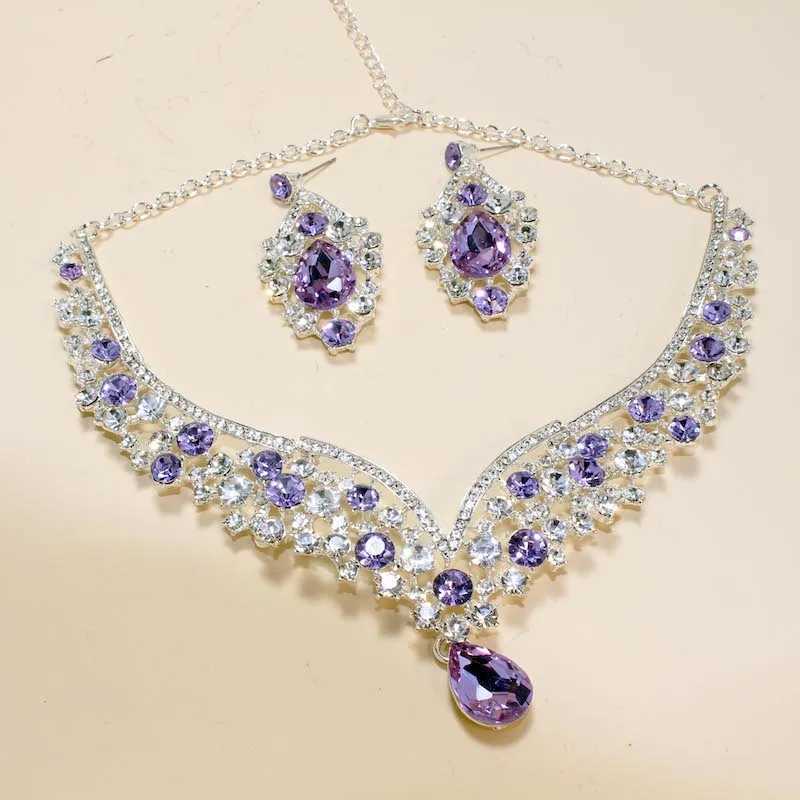 Luxury Bridal Hair Jewelry Purple Pink Baroque Crowns And Tiaras Headband For Women Wedding Party Diadem Purple necklace set Z250605