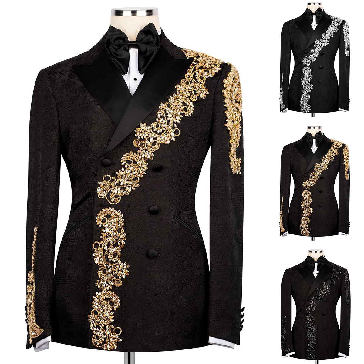 Luxury Man Suits Beading Peaked Lapel Party Prom 2 Pieces Set Blazer Rhinestone Customized Evening Double Breasted Jacket Pants Plus Size