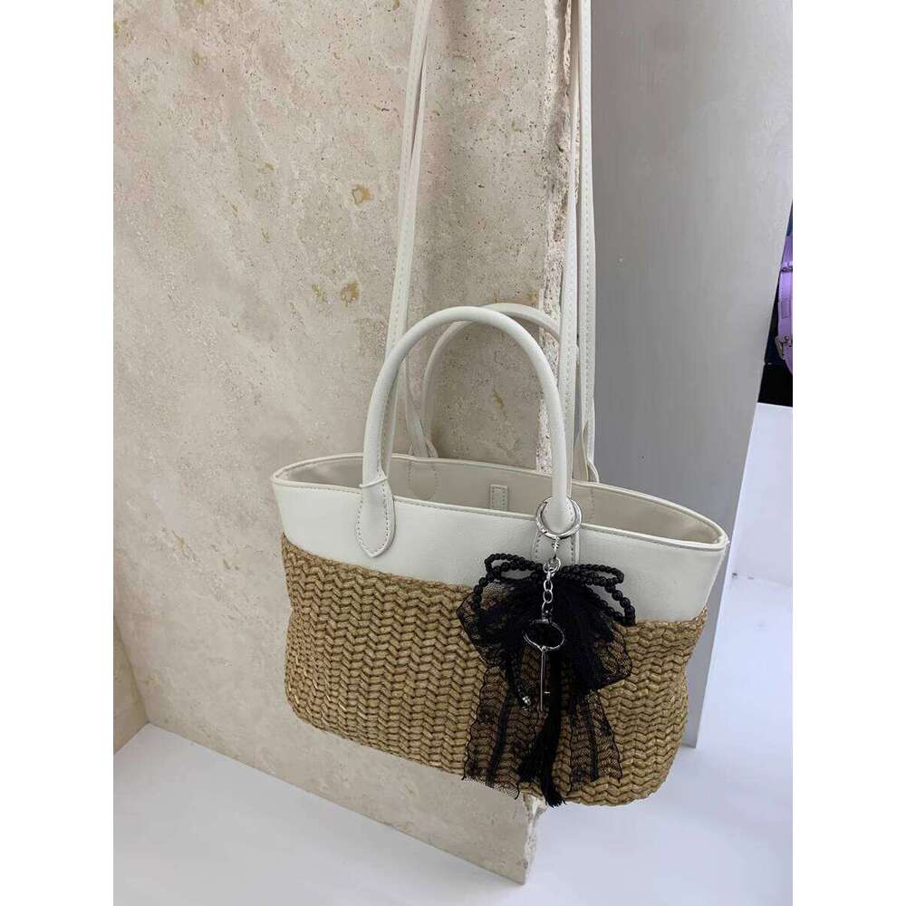 Spring Summer New Straw Tote Patchwork Color Block Handbag Shoulder Pastoral Style Woven Vacation Bag