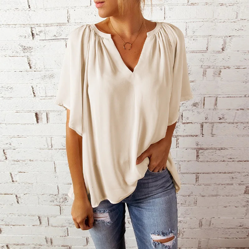 Summer Loose V-neck Top Casual Womens T-shirt Chiffon Shirt 250605