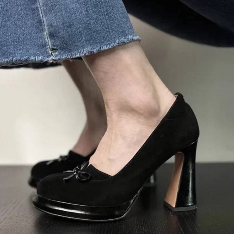 Ddmyoutdoor Women S Shoes Retro High Heels Butterfly Knot Square Heel Faux Suede Commuting Elegant Cm Pumps Para Mujer Outdoor Shoes