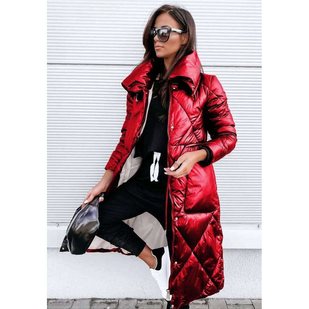 Glossy Women Sleeve Lapel Long Winter Keep Warm Parkas Outwear Zipper Cotton-Padded Coat Jackets