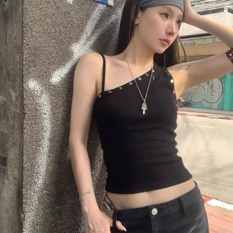Lucyever Black Sexy One Shoulder Vest Tops Women Streetwear Ribbed Sleeveless Slim Fit Tank Female Y2K Grunge Punk Crop Tops 250605