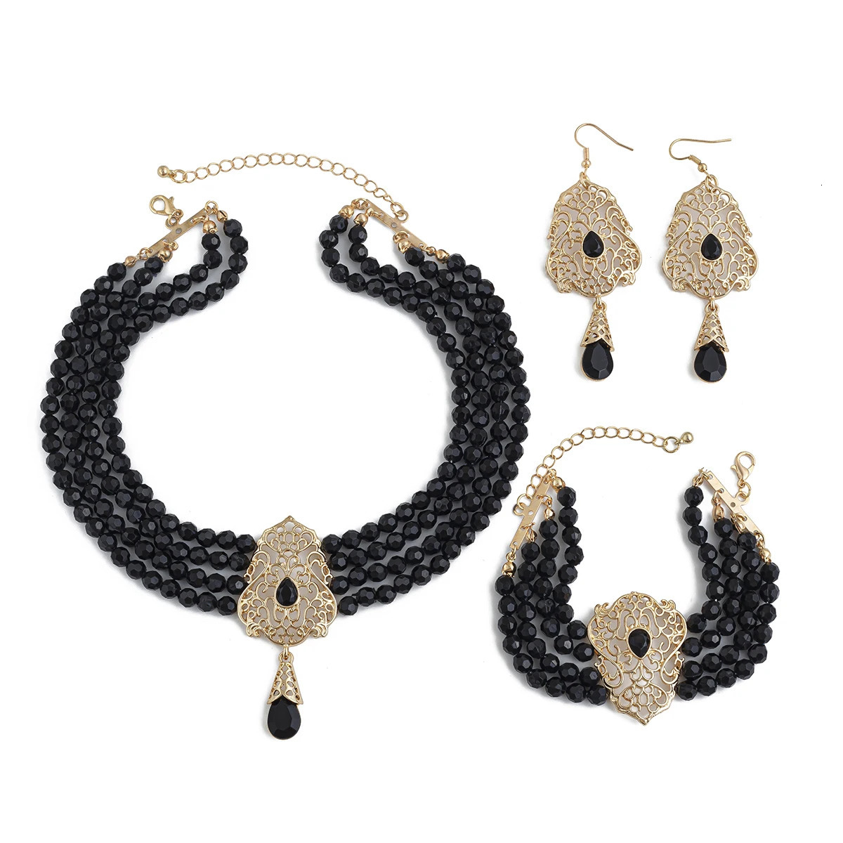 Ingemark Goth Multilayer Crystal Chain Necklace Bracelet Drop Earrings for Women Temperament Jewelry Set Halloween Accessories 250530