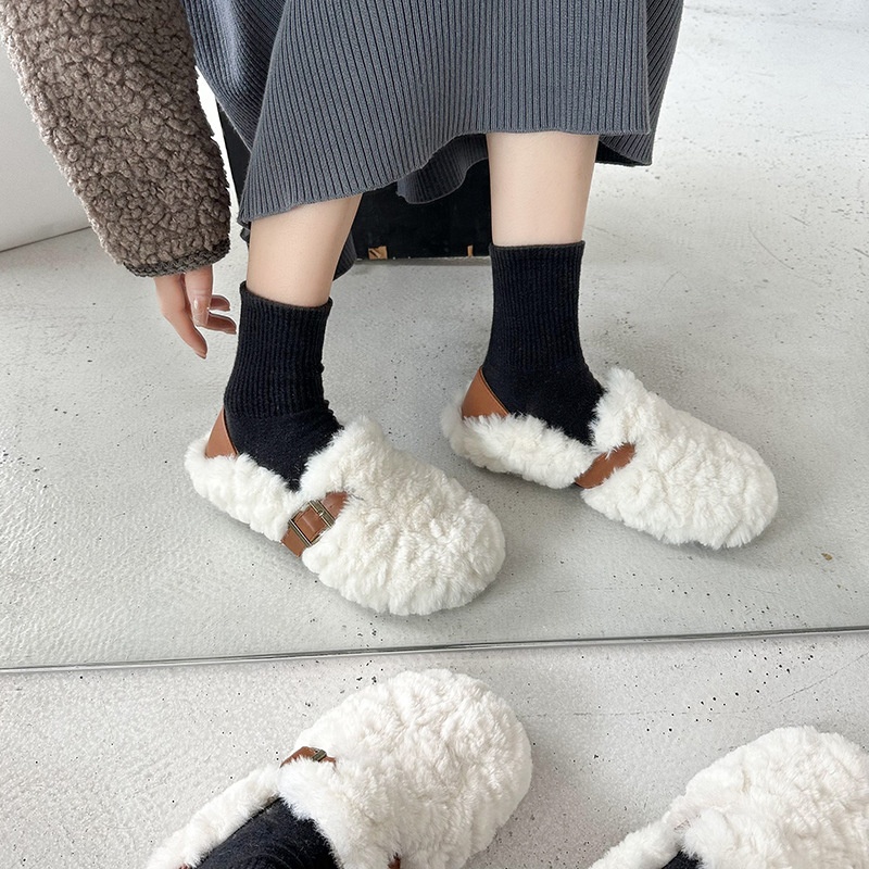 2025 free shipping autumn winter new designer shoes, women's hairy shoes, flat bottom with plush cotton single shoes brown
