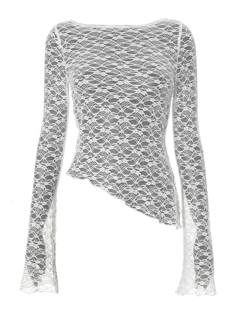 2025 Spring And Summer WomenS Solid Color Lace Slant Hem Sexy Long Sleeve T-Shirt Top Fashion Spice Girl Lace Tops 250605