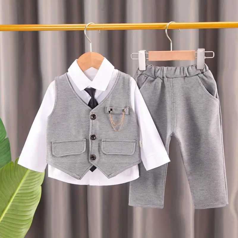2023 Spring Autumn Toddler Baby Kids Boys Gentleman Clothing Sets Party Wedding Clothes Suit T-shirt+Vest+Pants 3pcs Set 0-4Y R250606
