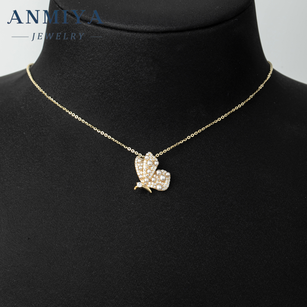 Wholesale Minimalist Jewelry 925 Sterling Silver Jewelry 18K Gold Plated Diamond Pearl butterfly Necklaces