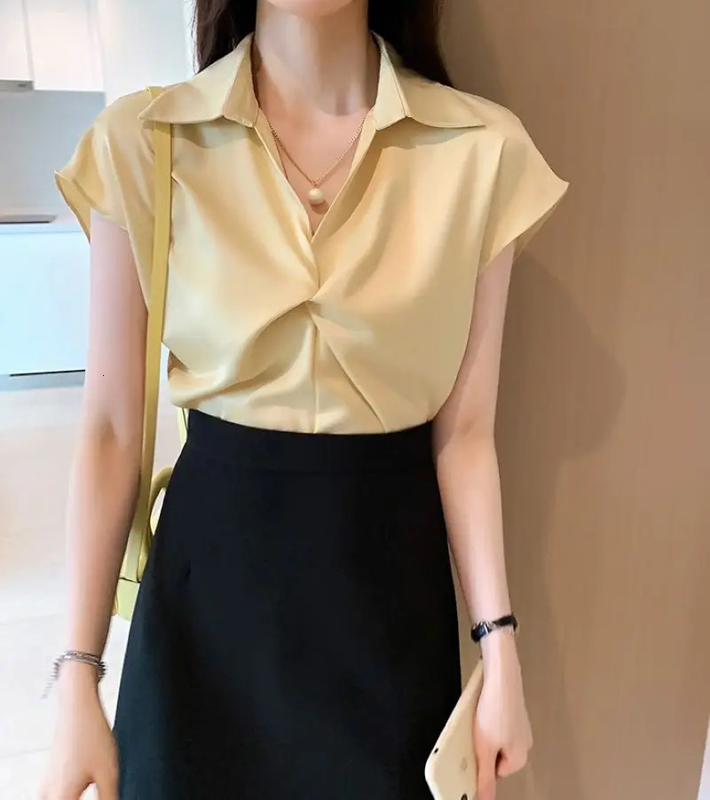 Womens Satin Blouse 2025 Summer V-neck Short-sleeved Solid Color Blouse Fashion Niche top Elegant Ladies Short Shirt 250605