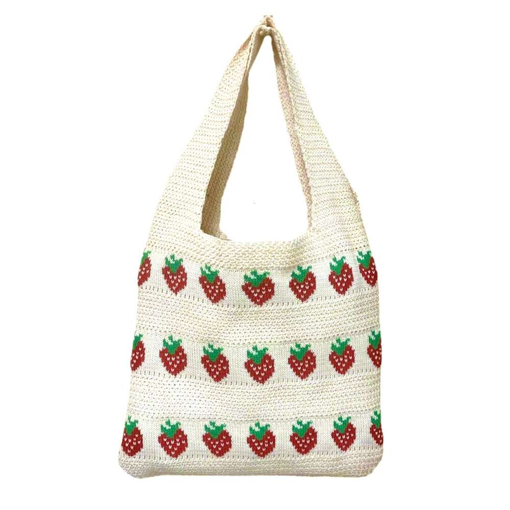 Tote Strawberry Pattern Woven Knitted Crochet Bag Durable Large Capacity Ladies Handbag B5