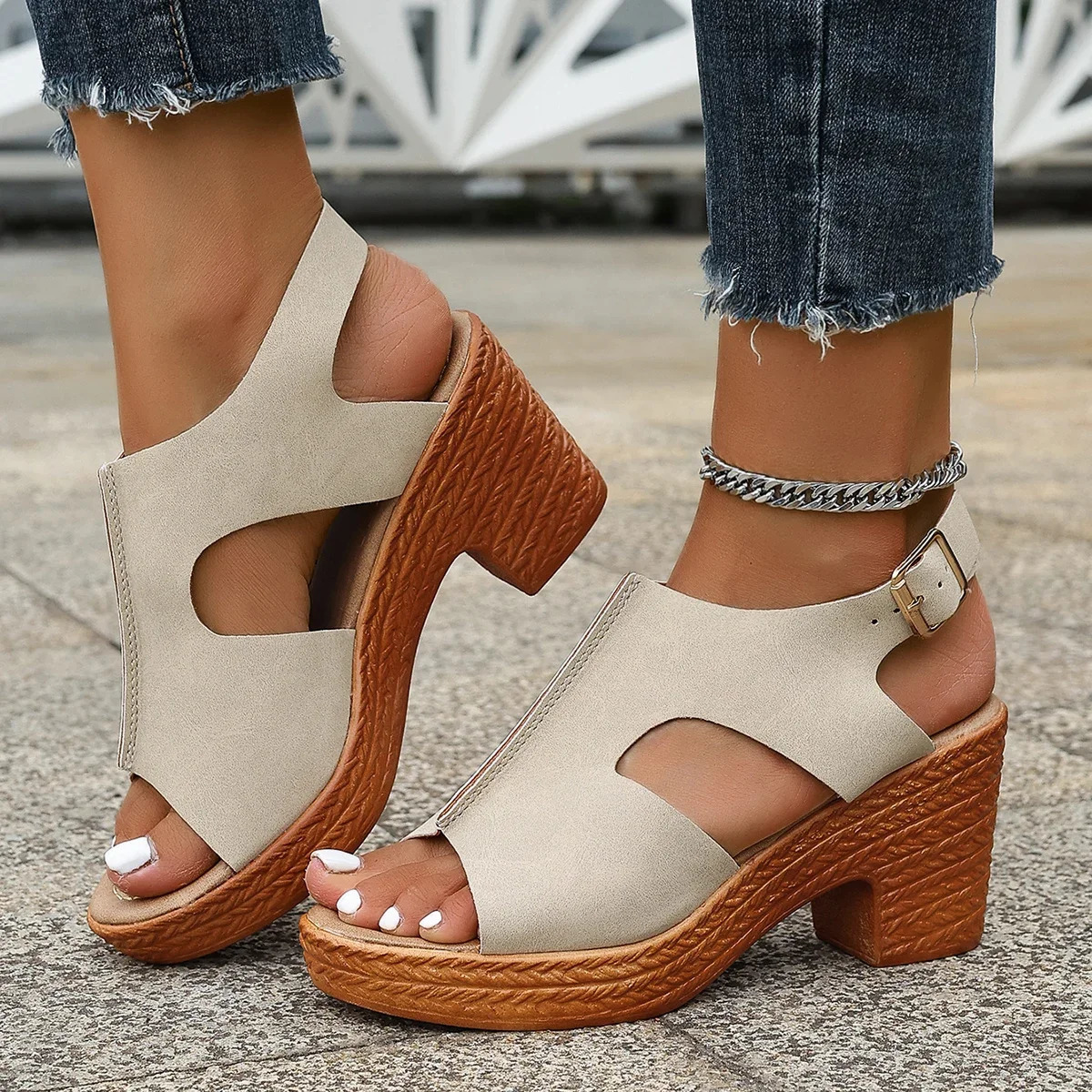 Snake Pattern High Heels Sandals for Women 2025 Summer Thick Heeled Platform Sandals Woman Peep Toe Buckle Strap Gladiator Shoes 250605