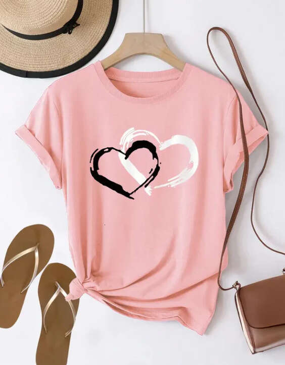 Women's Cotton 200G Short Sleeve Shopee Valentine's Day Heart Round Neck Top B5