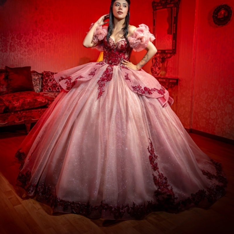 Pink Shiny Off The Shoulder Ball Gown Quinceanera Dresses Appliques Lace Beading Crystal Tull Sweet 16 Dress vestidos 15 de anos