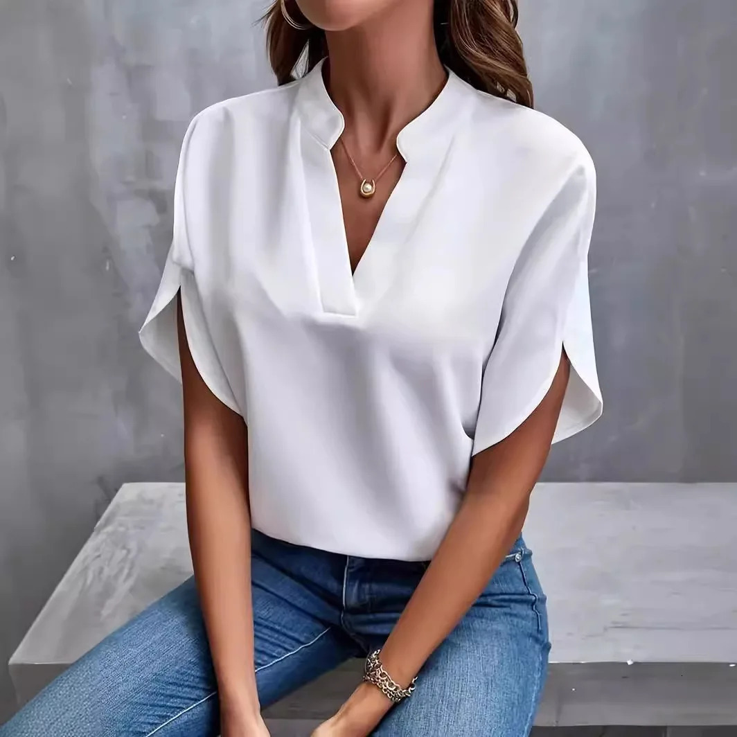 Summer Womens Shirt Short Sleeve V Neck Solid Color Elegant Office Rest Shirt Loose Top Chiffon Blouses for Women 250605