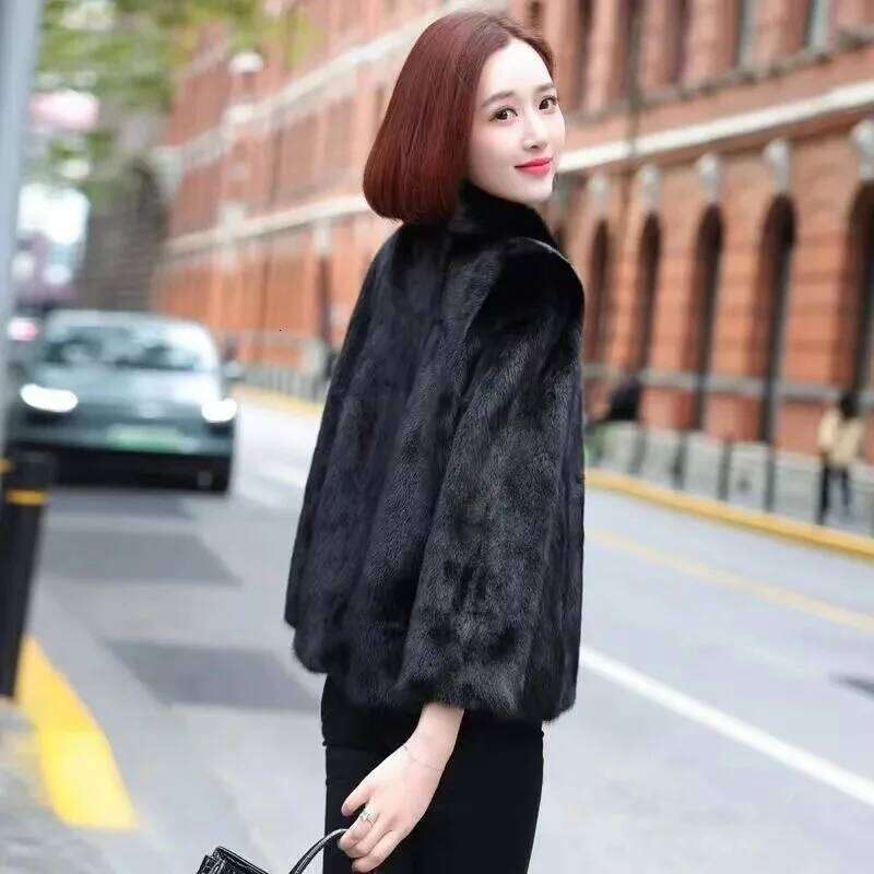 Women's New Imitation Mink Coat Slim Stand Collar Short Black Fur Jacket Autumn Winter Loose Ladies Soft Faux Plush Overcoat