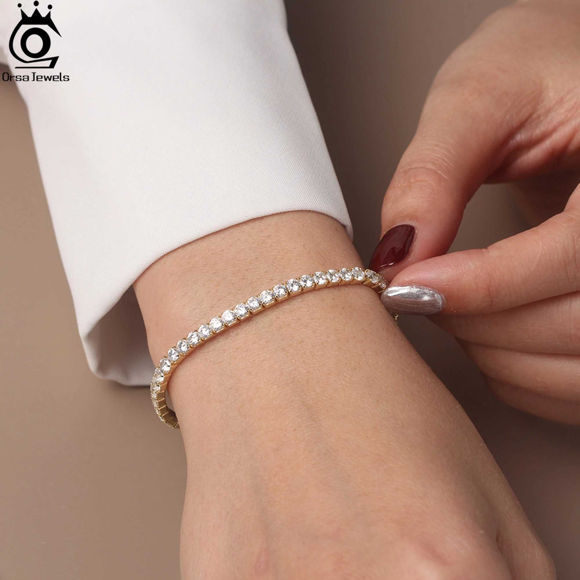 ORSA JEWELS 3mm Sparkling 5A Cubic Zirconia Tennis Chain Bracelet 925 Sterling Silver 14K Gold Plated Elastic Rope Gift SB217 W250606