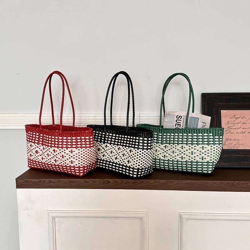 PVC Vegetable Basket Handbag Waterproof PE Picnic Plastic Woven Tote Shopping Bag Beach Handbags