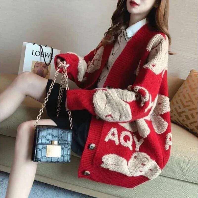 Long Knit Tops for Woman Graphic Black Winter Button Cardigan Cute Women's Sweater Kawaii V-neck Korean Fashion Crochet