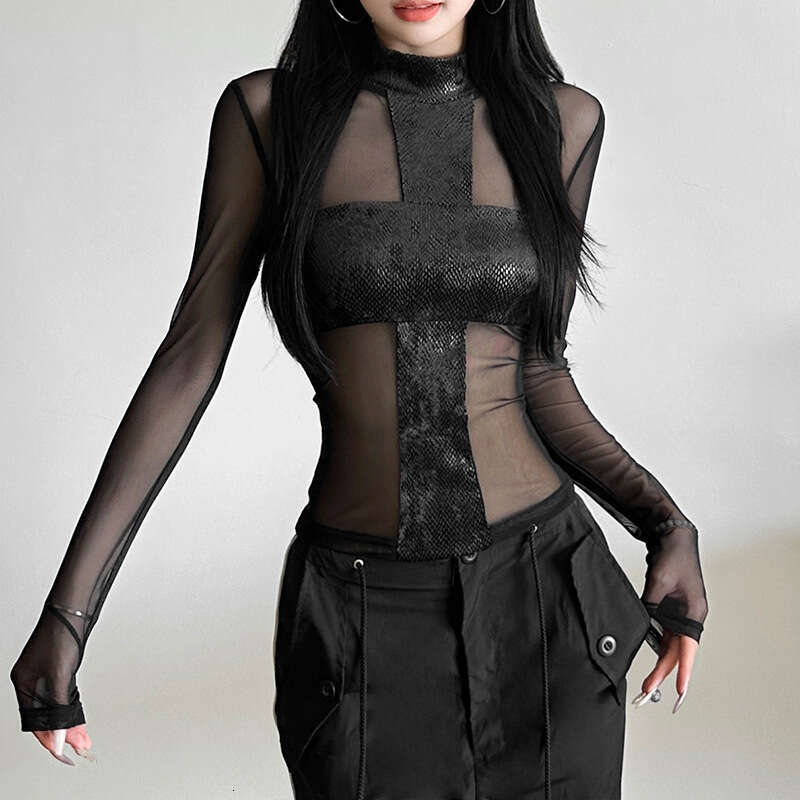 Autumn Winter New Women's Fashion Trendy Hot Girl Mesh See-Through Round Neck Slim Fit Top B5