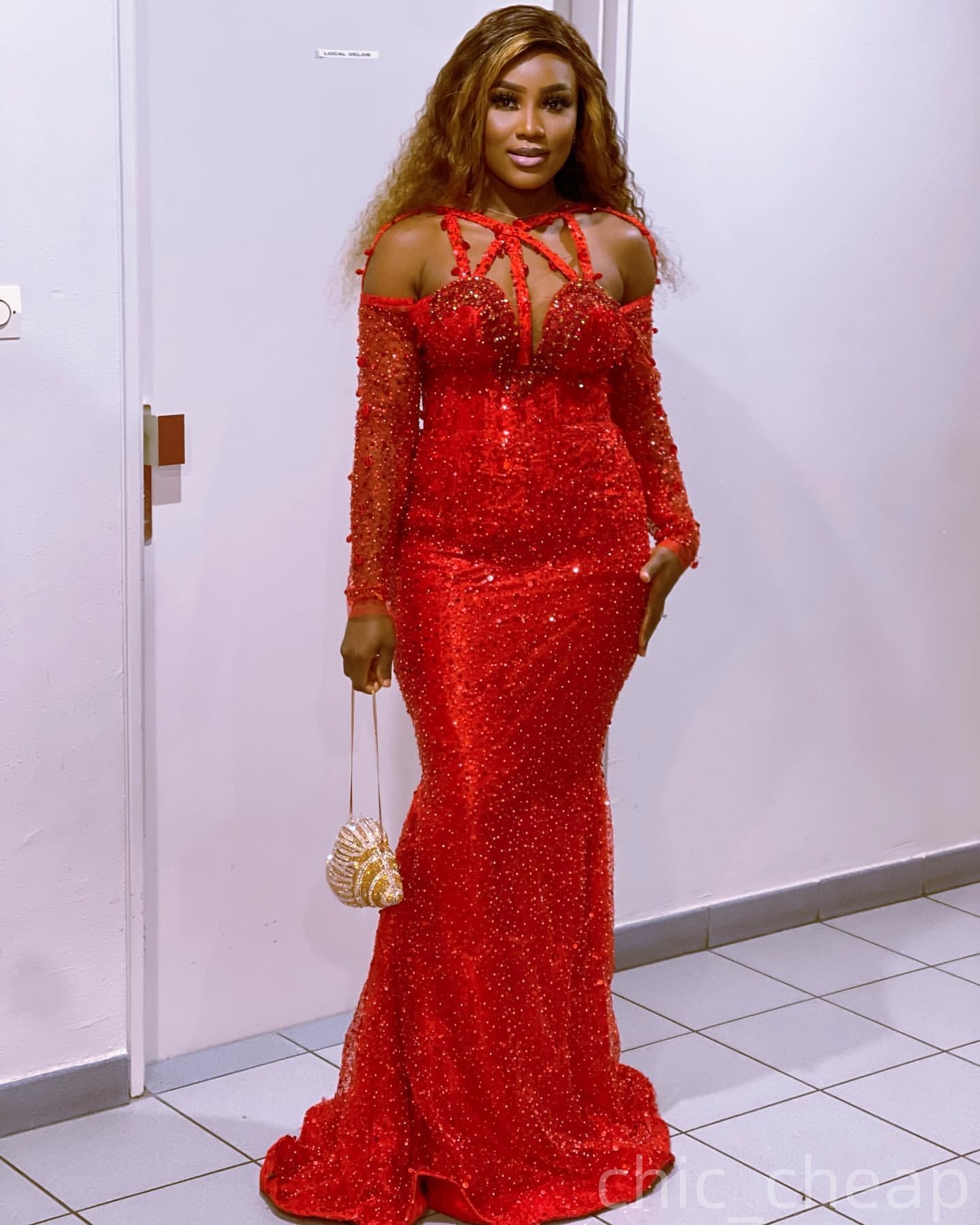 Mermaid Red Prom Dresses 2025 Crystals Sequined Full Sleeves Evening Formal Party Second Birthday Engagement Gowns Plus Size Dress For Special Occasio