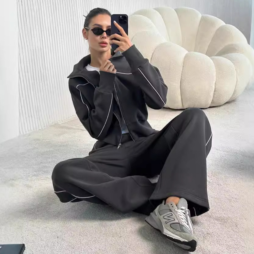 New Autumn Casual Suit for Women Long Sleeve Zipper Sweatshirt Jacket Striped Elastic Pants Two-Piece Set